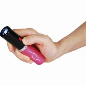 A Lipstick Stun Gun Rechargeable With Flashlight shaped like a hand holding a pink LED flashlight.