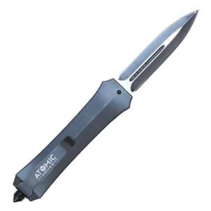 An OTF(Out The Front) automatic heavy duty knife double edge blade with a black handle on a white background.