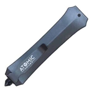 A heavy duty black OTF(Out The Front) automatic heavy duty knife double edge blade with the word atomic on it.