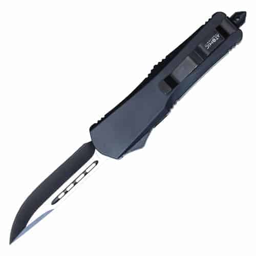 An OTF(Out The Front) automatic heavy duty knife with a single edge blade displayed on a white background.