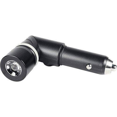A black 8-N-1 Car Charger Power Bank Auto Safety Tool with a light on it. Ideal for those looking for an auto safety tool or a reliable car charger solution, this sleek black device doubles as a power bank to ensure your.