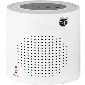 A white Safety Technology Barking Dog Alarm equipped with a microphone for Safety Technology applications or as a Barking Dog Alarm.
