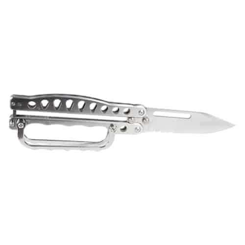 A Butterfly Trench Knife Stainless Steel with a handle on a white background.