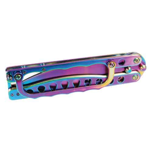 A Rainbow Colored Butterfly Trench Knife Plasma on a white background.