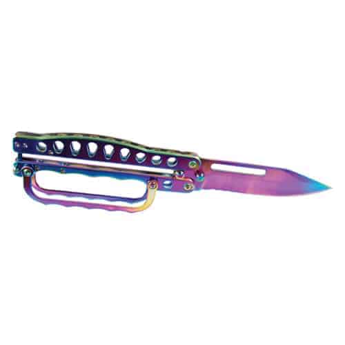 A colorful Butterfly Trench Knife Plasma with a white handle on a white background.