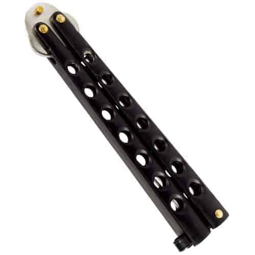 A Butterfly Knife Black with a gold handle on a white background.