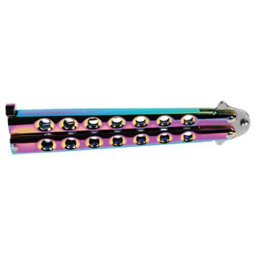 A multi-colored metal bar with a lot of holes on it, resembling a Butterfly Knife Plasma.