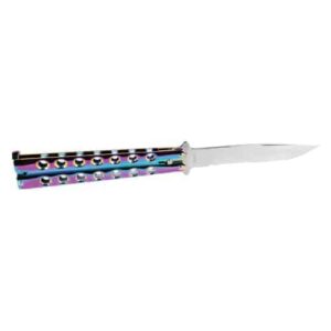 A Butterfly Knife Plasma with a colorful handle against a white background.