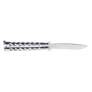 A Butterfly Knife Stainless Steel with a silver handle on a white background.