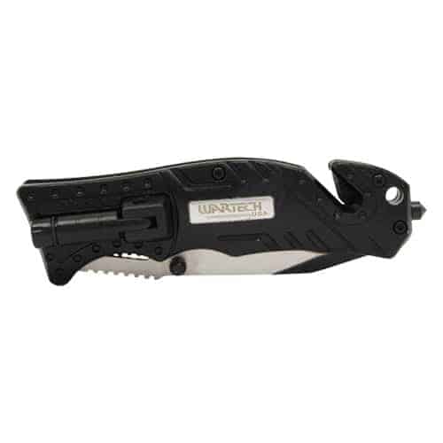 A black multi tool with a Folding Tactical Survival Pocket Knife Assisted Open with Two Tone Blade for survival situations.