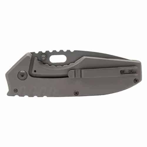 A Titanium Finish Folding Pocket Knife Thumb Open Spring Assisted Gray with a handle.