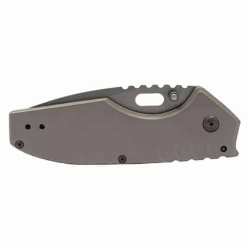 A Titanium Finish Folding Pocket Knife Thumb Open Spring Assisted Gray on a white background with a titanium finish.