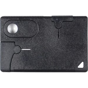 A black plastic case with a button on it, offering multi-functionality as a Multi Function Combination Tool Card.