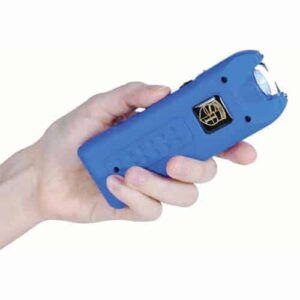 A person holding a blue MultiGuard Stun Gun Rechargeable With Alarm and Flashlight. The stun gun is also equipped with a rechargeable battery.