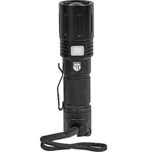 A Safety Technology 3000 Lumens LED Self Defense Zoomable Flashlight with a cord for added safety and self-defense purposes.