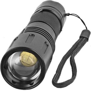 A Safety Technology 3000 Lumens LED Self Defense Zoomable Flashlight on a white background.