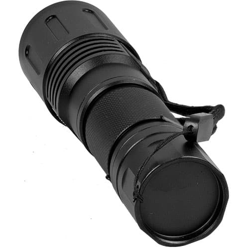 A black Safety Technology 3000 Lumens LED Self Defense Zoomable flashlight on a white background.
