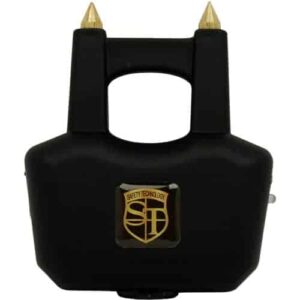 A black bag with a gold logo on it, embellished with a Spike Stun Guns for added style and protection.