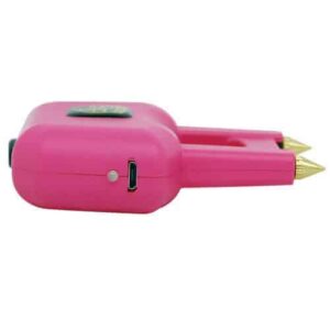 A pink cigarette lighter with a gold Spike Stun Gun attached to it, offering a unique and stylish design.
