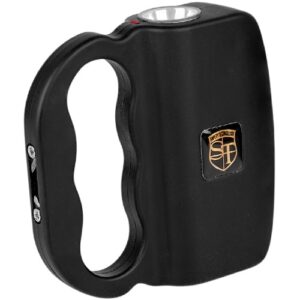 A black Talon Stun Gun and Flashlight with a handle on it. This Talon Stun Gun and Flashlight is equipped with a talon-like grip for secure handling.