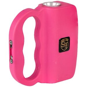 A pink flashlight with a handle, also functioning as a Talon Stun Gun and Flashlight.