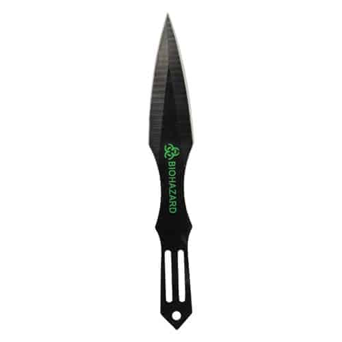 A 2 Piece Throwing Knife Black BioHazard with a green handle on a white background.