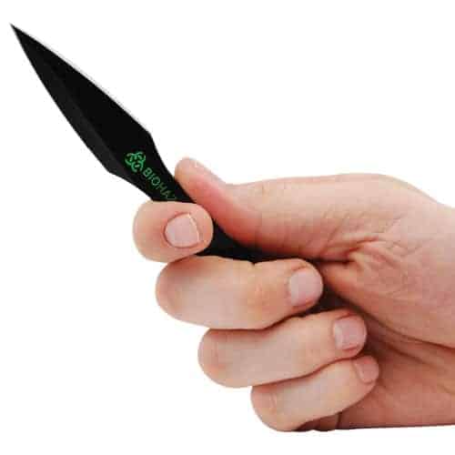 A hand holding a 2 Piece Throwing Knife Black BioHazard.
