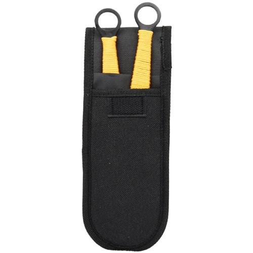 A black pouch with two yellow hooks containing a 2 Piece Throwing Knife Black/Gold Color BioHazard.