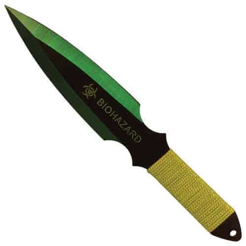 A Throwing Knife 2 Piece Green BioHazard on a white background.
