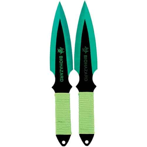 A pair of Throwing Knife 2 Piece Green BioHazard on a white background.