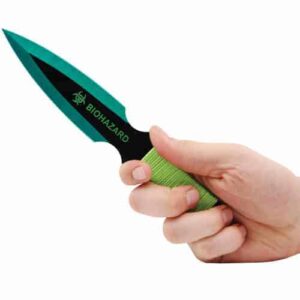 A person holding a Throwing Knife 2 Piece Green BioHazard with a green handle.