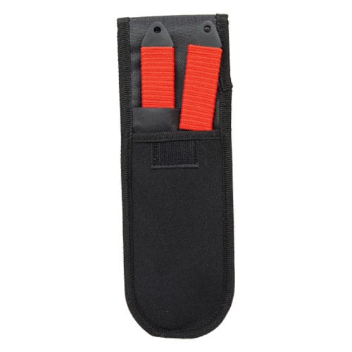 A 2 Piece Throwing Knife Red Color BioHazard in a black pouch with red handles.