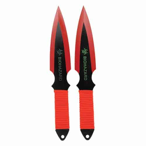 Two 2 Piece Throwing Knife Red Color BioHazards on a white background.