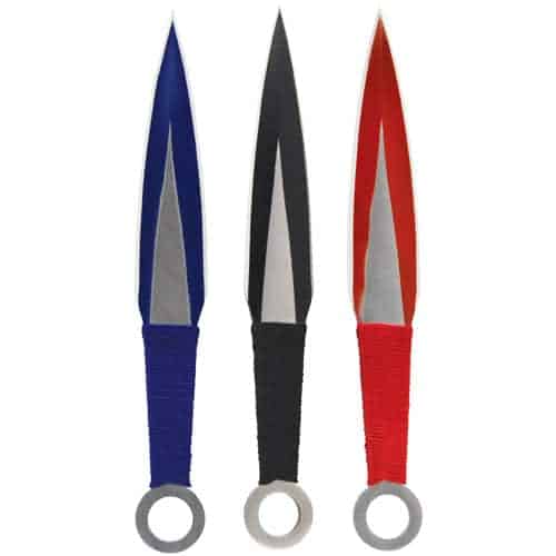 Three 3 Piece Throwing Knife Assorted Color - Black, Blue, Red with assorted colored blades on a white background.