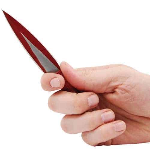 A hand holding a 3 Piece Throwing Knife Assorted Color - Black, Blue, Red on a white background.