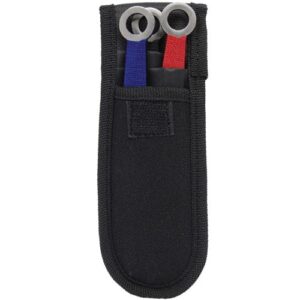 An 3 Piece Throwing Knife Assorted Color - Black, Blue, Red set, featuring a black pouch containing a pair of scissors and a pair of pliers.