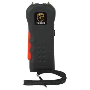 A black and orange Trigger Stun Gun Flashlight with Disable Pin handcuff with a red strap.