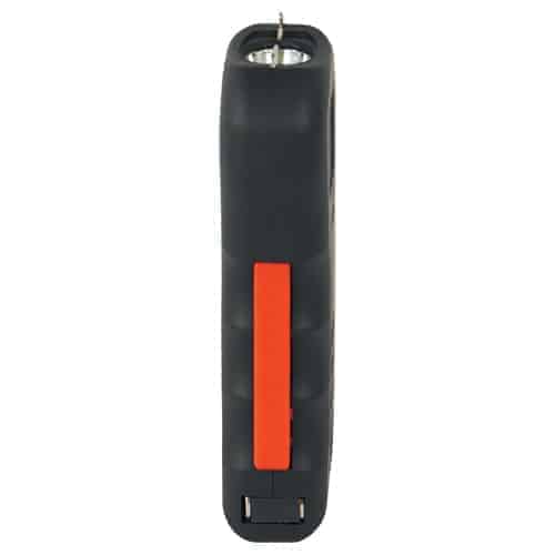 A black and orange Trigger Stun Gun Flashlight with Disable Pin with a red stripe. The Trigger Stun Gun Flashlight with Disable Pin does not have any additional features such as a trigger or stun gun.