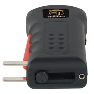 A black and red Trigger Stun Gun Flashlight with Disable Pin that incorporates a disable pin feature and trigger mechanism.