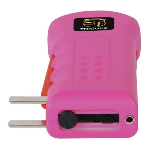A pink cordless Trigger Stun Gun Flashlight with Disable Pin, equipped with an orange handle.
