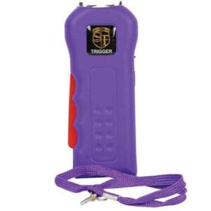 A purple stun gun with a red leash attached to it, featuring a trigger.