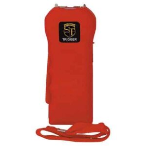A red bag with a lanyard and a stun gun flashlight attached to it.