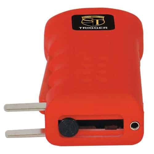A red power adapter with two plugs on it, designed to accommodate the Trigger Stun Gun Flashlight with Disable Pin.