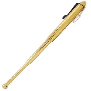 A gold pen with a black handle on a white background, featuring a telescopic design.