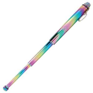 A telescopic steel baton in rainbow colors on a white background.