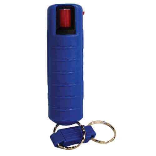 A blue Wildfire 1.4% MC ½ oz Pepper Spray Hard Case with a key ring, also containing 1.4% MC pepper spray.