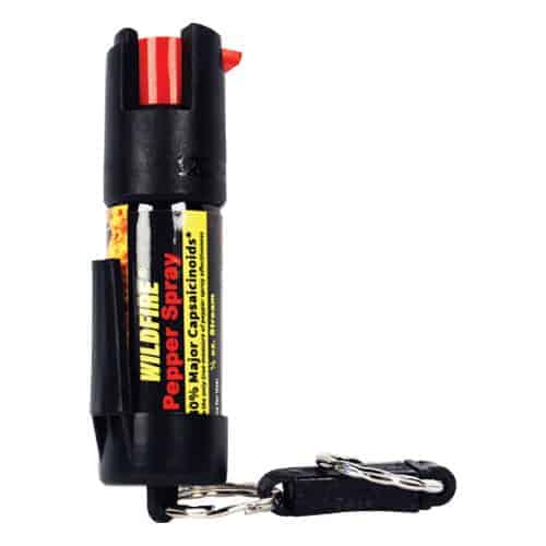 A black and red Wildfire™ Pepper Spray With Belt Clip and Quick Release Key Chain.