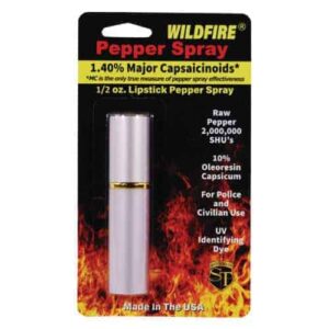 Silver package contains WildFire lipstick pepper spray.
