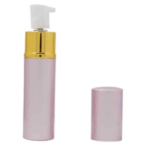 A pink bottle with a gold lid on a white background, containing WildFire™ 1.4% MC Lipstick Pepper Spray Silver.