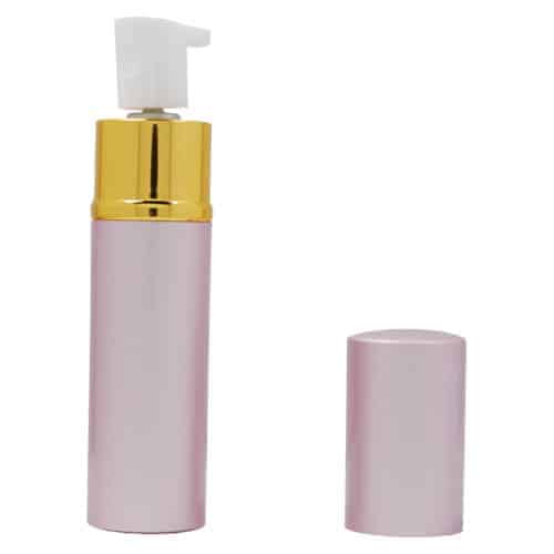 A pink bottle with a gold lid on a white background, containing WildFire™ 1.4% MC Lipstick Pepper Spray Silver.